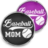 Baseball Mom snap jewelry pieces by SnapAccents, featuring black and purple interchangeable snap buttons with white baseball and stylish "Baseball Mom" text, perfect for sports moms, baseball fans, and personalized accessory lovers.