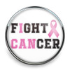 Round SnapAccents snap jewelry charm with "FIGHT CANCER" text in black and pink letters and a pink breast cancer awareness ribbon on white background.