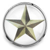 Round SnapAccents snap jewelry charm featuring a rustic five-pointed star design with metallic shades, set in a shiny silver-tone bezel, perfect for interchangeable snap jewelry collections.