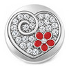 heart-shaped snap jewelry charm with clear rhinestones arranged in a swirl pattern and a red flower with a central rhinestone accent