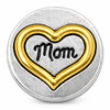 round snap jewelry charm with a golden heart outline surrounding the word Mom in black script on a brushed silver background