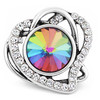 silver heart-shaped snap jewelry charm with clear rhinestones surrounding a multicolor faceted crystal center