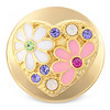 Gold heart-shaped snap jewelry charm with white and pink enamel daisies accented by purple, green, and iridescent rhinestones