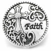 Silver SnapAccents snap charm featuring an ornate cross with a clear rhinestone center, decorative scrollwork, and the word "Faith" engraved on a heart-shaped background, perfect for interchangeable snap jewelry bracelets and necklaces.