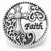 round silver snap jewelry charm with a detailed cross featuring a central rhinestone, intricate filigree patterns, and the word Faith engraved