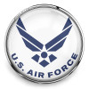 SnapAccents U.S. Air Force snap jewelry charm with silver-tone metal frame and clear dome featuring blue Air Force logo, perfect for military-themed interchangeable snap bracelets and accessories.