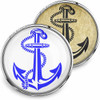 SnapAccents snap jewelry set featuring two interchangeable round snaps with anchor and rope design, one in vibrant blue on white background and one in black on vintage beige background, perfect for nautical-themed accessories, customizable snap jewelry, and stylish interchangeable fashion pieces.