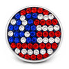 round snap jewelry charm with red, white, and blue rhinestones arranged to resemble the American flag