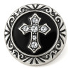 SnapAccents round snap jewelry charm featuring a silver ornate cross with clear rhinestones on a black enamel background, decorative silver filigree border, interchangeable accessory for bracelets and necklaces.