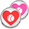 SnapAccents snap jewelry charms featuring red and pink heart designs with baseball graphics, interchangeable decorative accessories for snap bracelets, necklaces, and personalized sports-themed jewelry gifts.