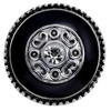 black snap jewelry charm with silver scroll detailing and a central clear rhinestone surrounded by a beaded silver edge