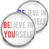 SnapAccents round snap jewelry charm with motivational "Believe in Yourself" text, featuring bold red and blue accents, clear glass dome, and silver metal frame, perfect for interchangeable snap bracelets or necklaces, inspirational accessory for daily encouragement and self-confidence boost.