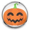 SnapAccents Halloween snap jewelry charm featuring a smiling orange pumpkin with black zigzag mouth and closed eyes, green stem, silver metal frame, perfect for seasonal accessory customization.