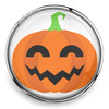 snap jewelry charm with a bright orange smiling jack-o-lantern pumpkin and green stem encased in a silver metal frame
