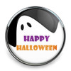 SnapAccents Halloween snap jewelry charm featuring a cute white ghost with black eyes and hat, purple "Happy" and orange "Halloween" text, round metal snap button accessory for interchangeable bracelets and necklaces, festive spooky holiday design perfect for seasonal fashion and gifts.