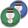 SnapAccents snap jewelry buttons featuring cute snowman designs with black top hats and orange scarves on green and blue backgrounds, perfect for winter and holiday-themed interchangeable snap accessories.