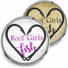 SnapAccents snap jewelry button featuring "Reel Girls fish" text inside a heart-shaped fishing hook design, available in white and gold backgrounds, perfect for fishing enthusiasts and outdoor lovers.