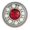 Round SnapAccents snap jewelry button with large faceted red center stone, surrounded by eight clear rhinestones and silver leaf accents on antique silver metal base, decorative interchangeable charm for bracelets and accessories.