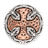 round snap jewelry charm with a textured rose gold cross and ornate silver border featuring fleur-de-lis accents