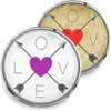 SnapAccents snap jewelry set featuring interchangeable round charms with "LOVE" design, crossed arrows, and heart in purple and red on white and gold backgrounds, perfect for customizable snap button accessories, bracelets, and necklaces.