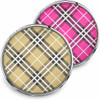 SnapAccents round snap jewelry charms featuring classic plaid patterns in beige and pink with black and white intersecting lines, designed for interchangeable snap bracelets and accessories, stylish and versatile fashion accents with polished silver-tone metal edges.