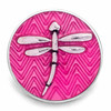 round snap jewelry charm with a silver dragonfly design on a vibrant pink chevron enamel background