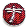 round snap jewelry charm with a silver dragonfly on a red chevron patterned background
