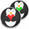 SnapAccents snap jewelry buttons featuring cute penguin designs holding red and green hearts, round interchangeable snap charms with black background and silver metal rim, perfect for personalized bracelets, necklaces, and accessories.