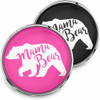 SnapAccents snap jewelry buttons featuring "Mama Bear" text with white bear silhouette on vibrant pink and black backgrounds, interchangeable snap charms for bracelets, necklaces, and accessories, perfect gift for moms, stylish and customizable jewelry accents.
