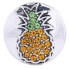 round silver snap jewelry charm with orange and green rhinestones arranged in a pineapple shape