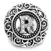 SnapAccents silver-tone snap jewelry charm with ornate scroll design and rhinestone-studded letter "R" centerpiece, decorative interchangeable accessory for bracelets and necklaces.