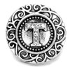 Silver SnapAccents snap jewelry charm with ornate scrollwork border and rhinestone-studded letter "T" centerpiece, decorative round interchangeable button accessory for bracelets and necklaces.