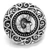 Silver SnapAccents snap charm with ornate swirl design and rhinestone-studded letter G centerpiece, decorative interchangeable jewelry accessory for bracelets and necklaces, vintage-inspired personalized snap button charm.