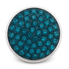 round snap jewelry charm covered with multiple teal rhinestones set in a silver-tone metal base