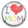 SnapAccents round snap jewelry charm with colorful "I love Mom" design featuring a red heart and multicolor text, perfect for Mother's Day gift or personalized accessory.