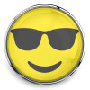 SnapAccents round snap jewelry charm featuring a yellow smiley face emoji with black sunglasses, polished silver-tone metal frame, trendy accessory for interchangeable snap jewelry collections.