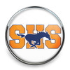 SnapAccents round snap jewelry charm featuring bold orange "SHS" letters with a navy blue running horse silhouette, perfect for school spirit, sports fans, and personalized accessory collections.