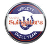 SnapAccents varsity drill team snap jewelry charm featuring Sachse Swingsters logo with blue horseshoe and orange glitter text, perfect for drill team fans and athletes.