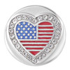 Heart-shaped snap jewelry charm featuring an American flag design with blue and white polka dots, red stripes, and a border of clear rhinestones on a silver base