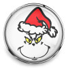SnapAccents snap jewelry charm featuring a mischievous Grinch face wearing a red Santa hat, yellow eyes, black outline, clear glass dome with silver metal rim, perfect for holiday-themed interchangeable snap jewelry accessories.