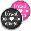 SnapAccents snap jewelry buttons with "blessed mama" text, heart and arrow design, available in black and pink, interchangeable charm for bracelets or necklaces, perfect gift for moms, stylish and meaningful accessory.