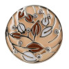 Round SnapAccents snap jewelry charm with beige, brown, and white enamel leaf design accented by clear rhinestones, silver-tone metal, interchangeable fashion accessory for bracelets and necklaces.