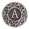 Antique silver SnapAccents snap jewelry charm with intricate scrollwork design and raised letter "A" in the center, perfect for customizable snap bracelets, necklaces, and accessories.