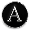 Black SnapAccents snap jewelry charm with silver letter A, round metal design, interchangeable accessory for bracelets and necklaces, stylish personalized initial snap button.