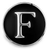 Black and silver SnapAccents snap jewelry charm featuring a bold letter "F" initial, round metal design, interchangeable accessory for bracelets and necklaces, stylish personalized fashion accent.