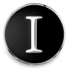 SnapAccents black enamel snap jewelry charm with silver-tone border and raised silver letter "I" initial, interchangeable accessory for bracelets and necklaces, stylish personalized gift option.