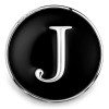 Black SnapAccents snap jewelry charm with silver letter J initial, round metal accent for interchangeable snap bracelets and accessories, stylish personalized fashion piece.