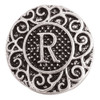 Antique silver-tone SnapAccents snap jewelry charm with ornate scrollwork design and raised letter "R" in the center, decorative round interchangeable button for bracelets or necklaces.