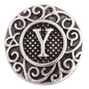 SnapAccents silver-tone snap jewelry charm with intricate scrollwork design and raised letter Y centerpiece, textured background, interchangeable accessory for bracelets and necklaces.