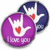 SnapAccents snap jewelry buttons featuring white hand sign with red heart and "I love you" text on purple and navy blue backgrounds, round interchangeable charm for bracelets or accessories, expressive love and affection design.